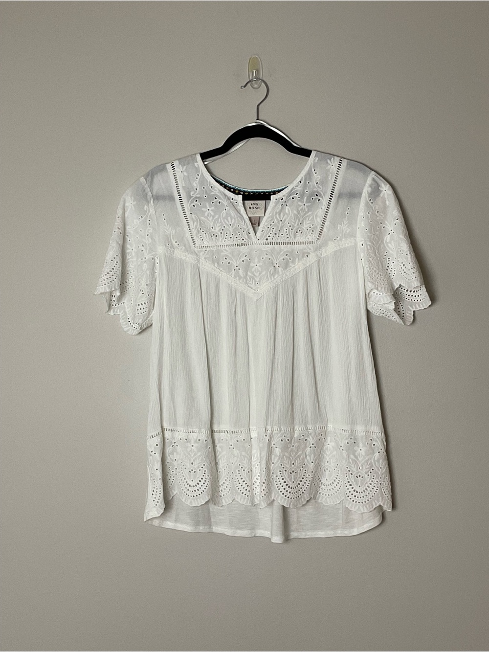 Knox Rose White Eyelet Lace Short Sleeve Blouse Cottagecore Coastal Feminine L